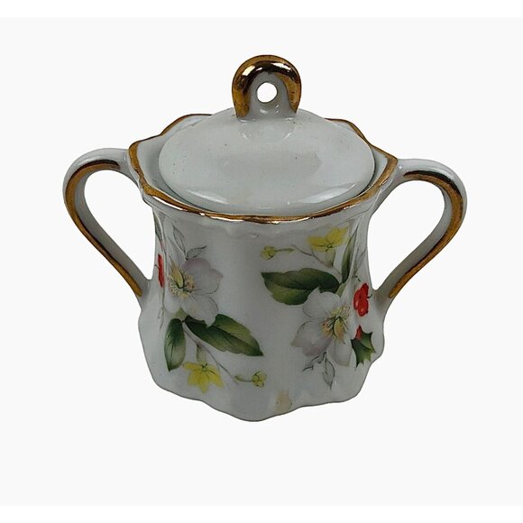 Vintage Porcelain Mini Creamer Sugar Set Floral Design Berries Leaves Gold Trim - Picture 7 of 10
